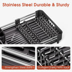 Dish Drying Rack for Kitchen Counter, Extendable Dish Rack with Drainboard, Expandable Dish Drainer, Collapsible Dish Strainer with Cutlery Holder, Foldable Home Countertop Plate Storage Rack, Black