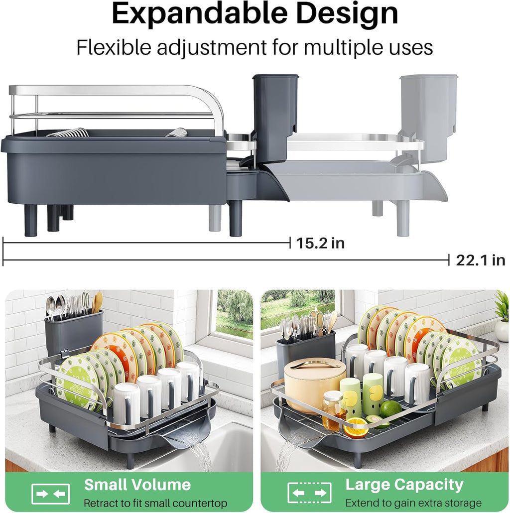 SAYZH Dish Drying Rack - Expandable Dish Rack for Kitchen Counter, Rust-Resistant Dish Drainer with Utensil Holder and Raised Guardrail, Kitchen Organizer for Cup and Bottle (Grey)