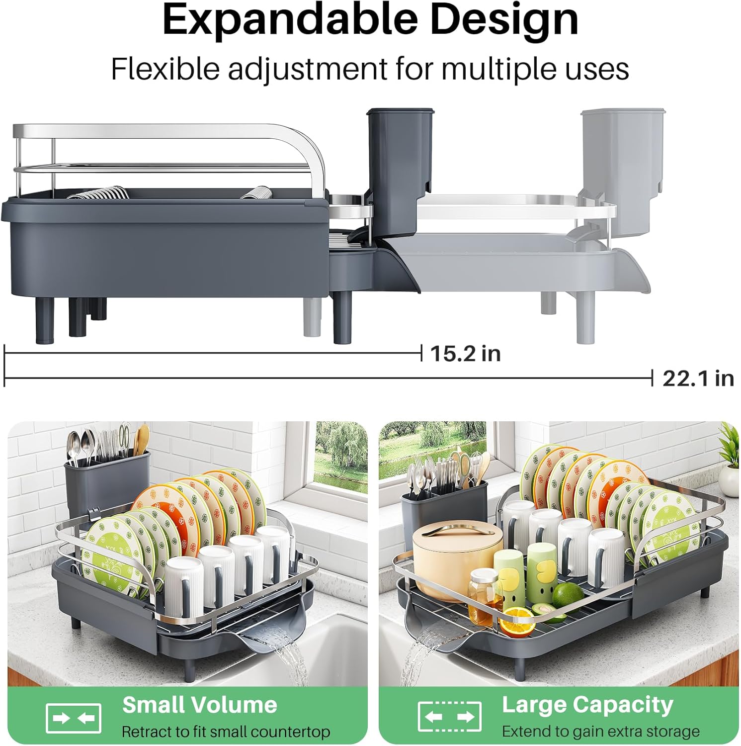 SAYZH Dish Drying Rack - Expandable Dish Rack for Kitchen Counter, Rust-Resistant Dish Drainer with Utensil Holder and Raised Guardrail, Kitchen Organizer for Cup and Bottle (Grey)