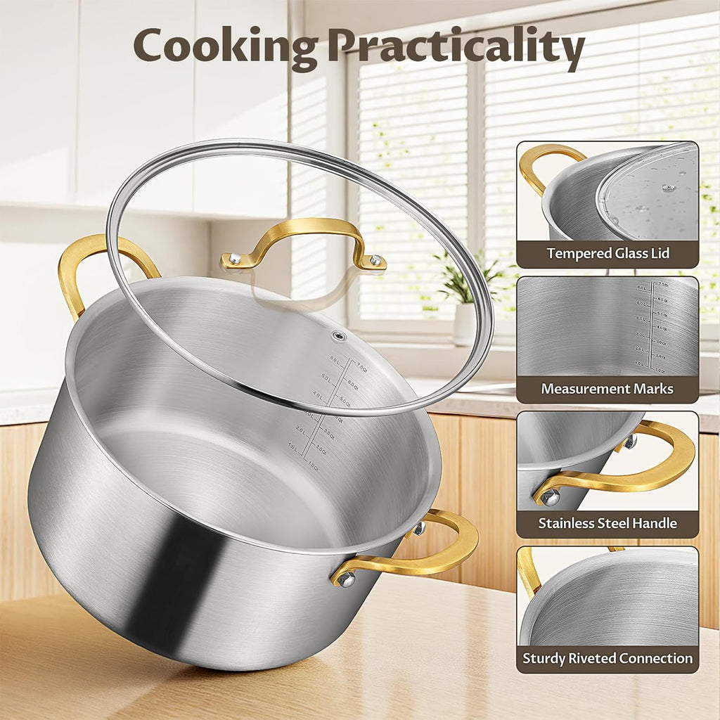 BEZIA 6 Quart Tri-Ply Stainless Steel Stockpot，Even Heat Distribution, Cooking Pot With Sturdy Handles, Oven-Safe Up to 500°F, Compatible with All Cooktops, Perfect for Soups & Stews, Silver