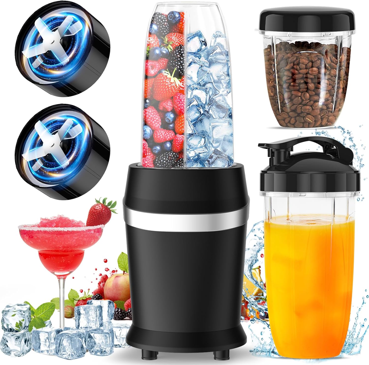 12-Piece Smoothie Blender Maker 25,000 RPM Personal Blender for Ice Crushing Smoothies & Frozen Drinks Nuts with 23oz, 32oz, 37oz Portable Cups Two 6-Leaf Stainless Steel Blades, Matte Black