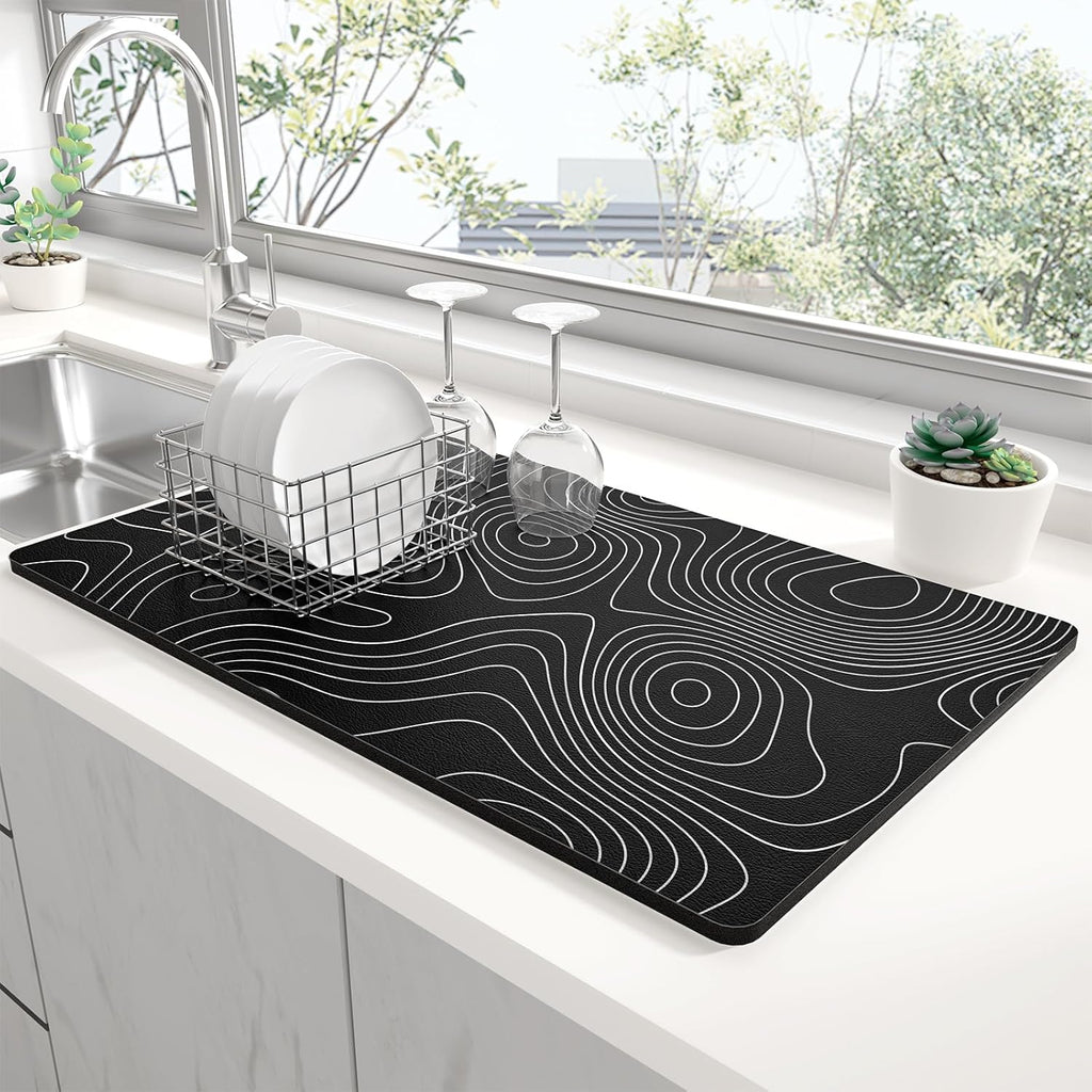 Rnivvi Dish Drying Mat for Kitchen Counter, 12 x 19" Cute Marble Super Absorbent Draining Pad, Non-Slip Heat Resistant Coffee Bar Mats for Coffee Machine Station Accessories, Line Art Dish Rack Pad