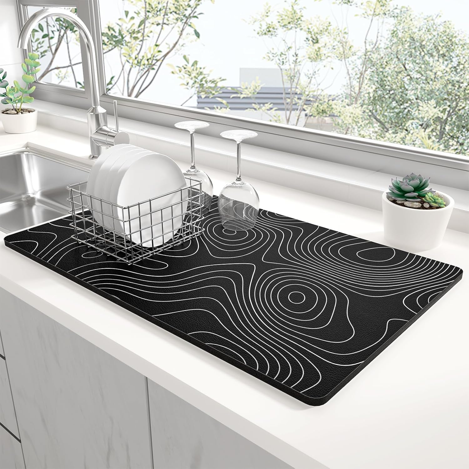 Rnivvi Dish Drying Mat for Kitchen Counter, XL 15 x 24" Cute Marble Super Absorbent Draining Pad, Non-Slip Heat Resistant Coffee Bar Mats for Coffee Machine Station Accessories, Line Art Dish Rack Pad