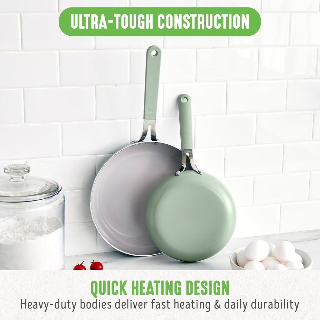 GreenLife 8” & 10” 2 Piece Nonstick Ceramic Frying Pan Set, Lightweight Healthy PFAS-Free Skillets, Dishwasher & Oven Safe, Durable Body, Silicone Stay-Cool Handles, Easy Release, Sage Green