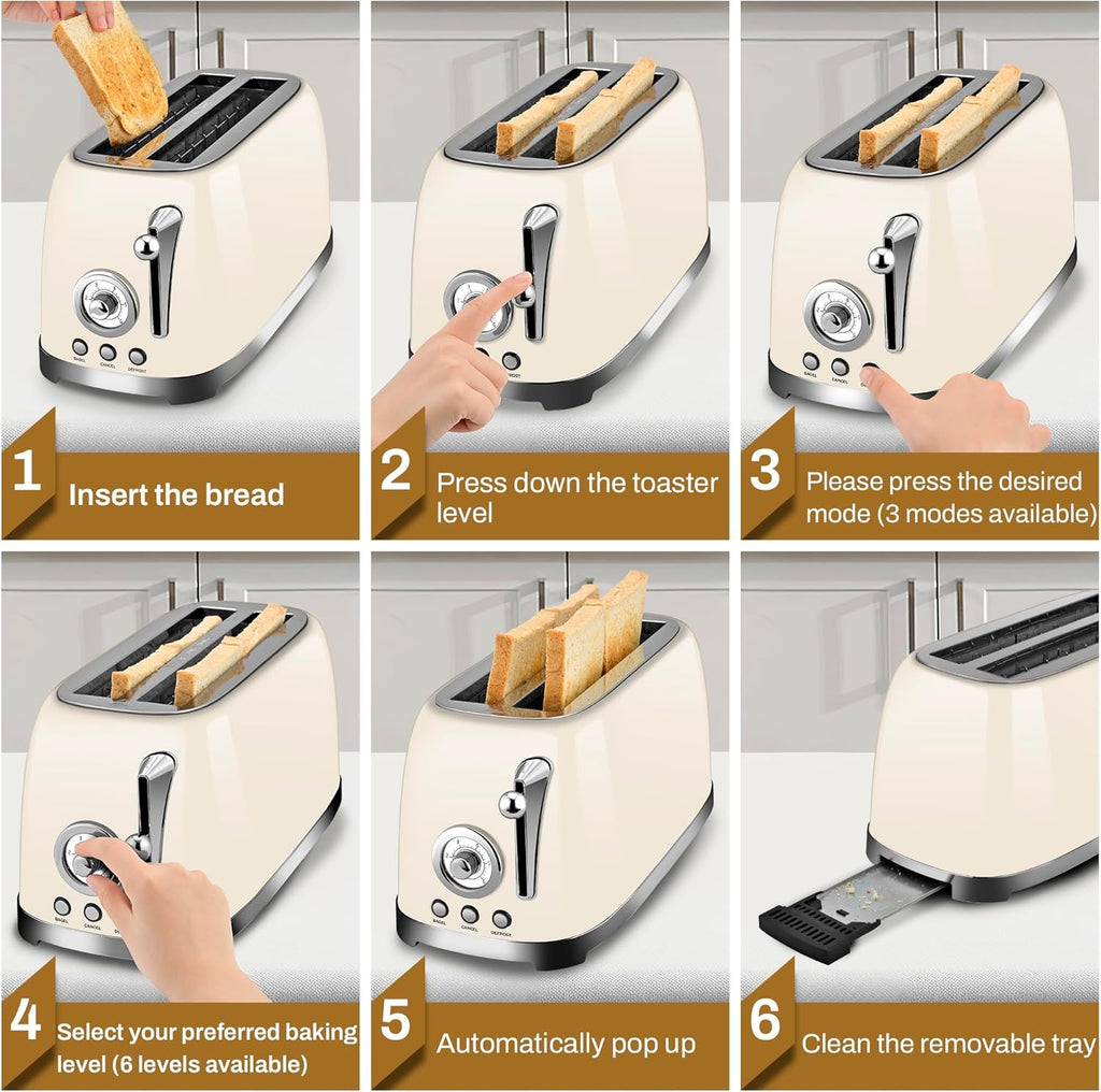 SUSTEAS Toaster 4 Slice Wide Slot, Stainless Steel Bread Bagel Toasters, Retro Long Slot Tostadora for Defrost, Reheat, Removable Crumb Tray, 1500W, 6 Browning Settings, Beige
