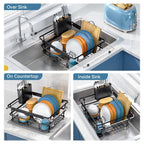 Over the Sink Dish Drying Rack,In Sink Dish Drying Racks,Expandable Dish Rack Over Sink Counter,Adjustable Dish Drainer for Inside Sink with Utensil Holder, Stainless Steel Dish Strainer XLarge Size