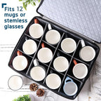 Hearth & Harbor Coffee Mug Storage, Quilted and Stackable Coffee Cup Storage Organizer for Service of 12, Mug Storage Box with Dividers, China Containers Hard Shell for Moving and Organization, Grey