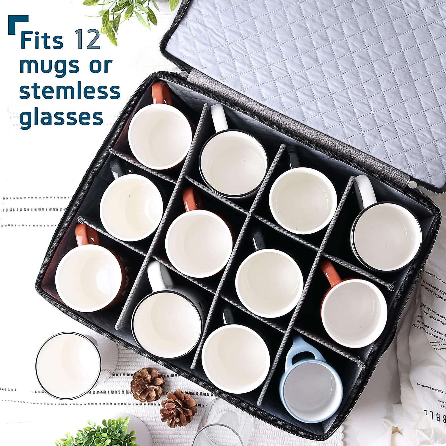 Hearth & Harbor Coffee Mug Storage, Quilted and Stackable Coffee Cup Storage Organizer for Service of 12, Mug Storage Box with Dividers, China Containers Hard Shell for Moving and Organization, Grey