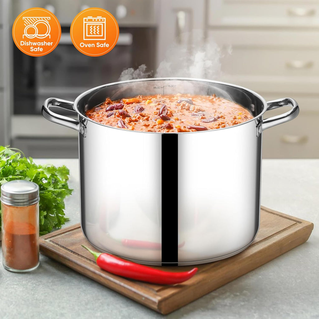 E-far 16 Quart Stainless Steel Stock Pot, Large Heavy Duty Induction Stockpot with Glass Lid for Cooking Soup Canning, Thick Tri-Ply Bottom & Riveted Handle, Compatible with All Stove, Dishwasher Safe