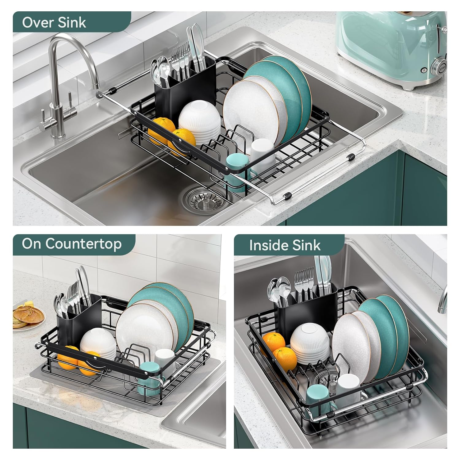 Over the Sink Dish Drying Rack,In Sink Dish Drying Racks,Expandable Dish Rack Over Sink Counter,Adjustable Dish Drainer for Inside Sink with Utensil Holder, Stainless Steel Dish Strainer Large Size