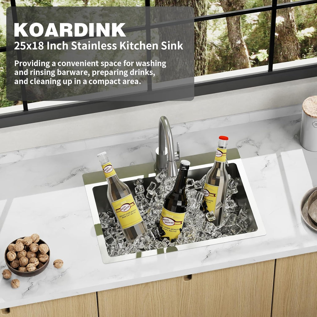 25x18 Inch Kitchen And Bar Sink - Stainless Steel Drop In Single Bowl Topmount Modern Kitchen And Bar Sink With Spoon Rest,Drain Strainer Set Compatibility With Various Kitchen&Bar Style