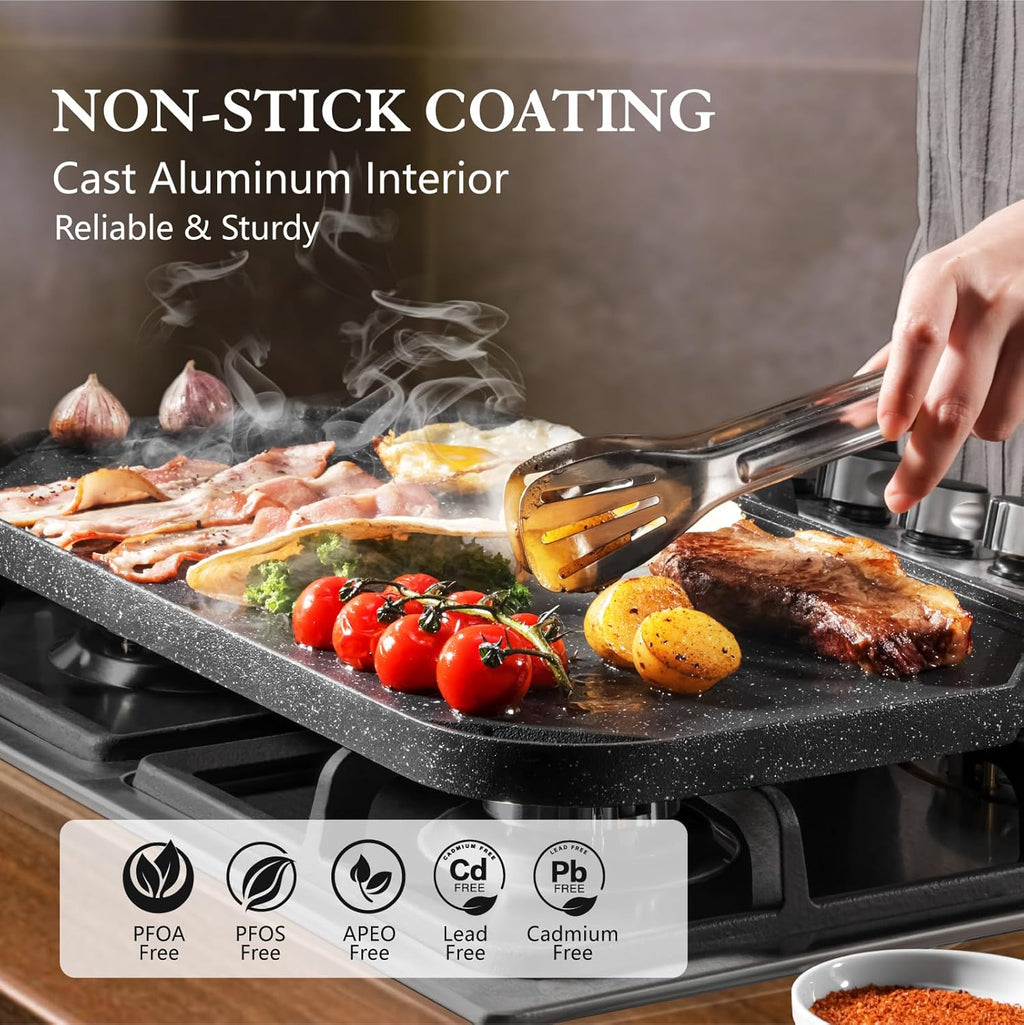 SENSARTE Nonstick Griddle Grill Pan, Pro-Grid Reversible Grill & Griddle Pan, Two Burner Cast Aluminum, Portable for Indoor Stovetop or Outdoor Camping BBQ, 19.5" x 10.7"