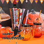 JANYUN 30 Pcs Halloween Reusable Straws 9inch Pumpkin Bat Skeleton Spider Printing Hard Plastic Drinking Straw for Mason Jar Tumbler Family Party Favors Cleaning Brush