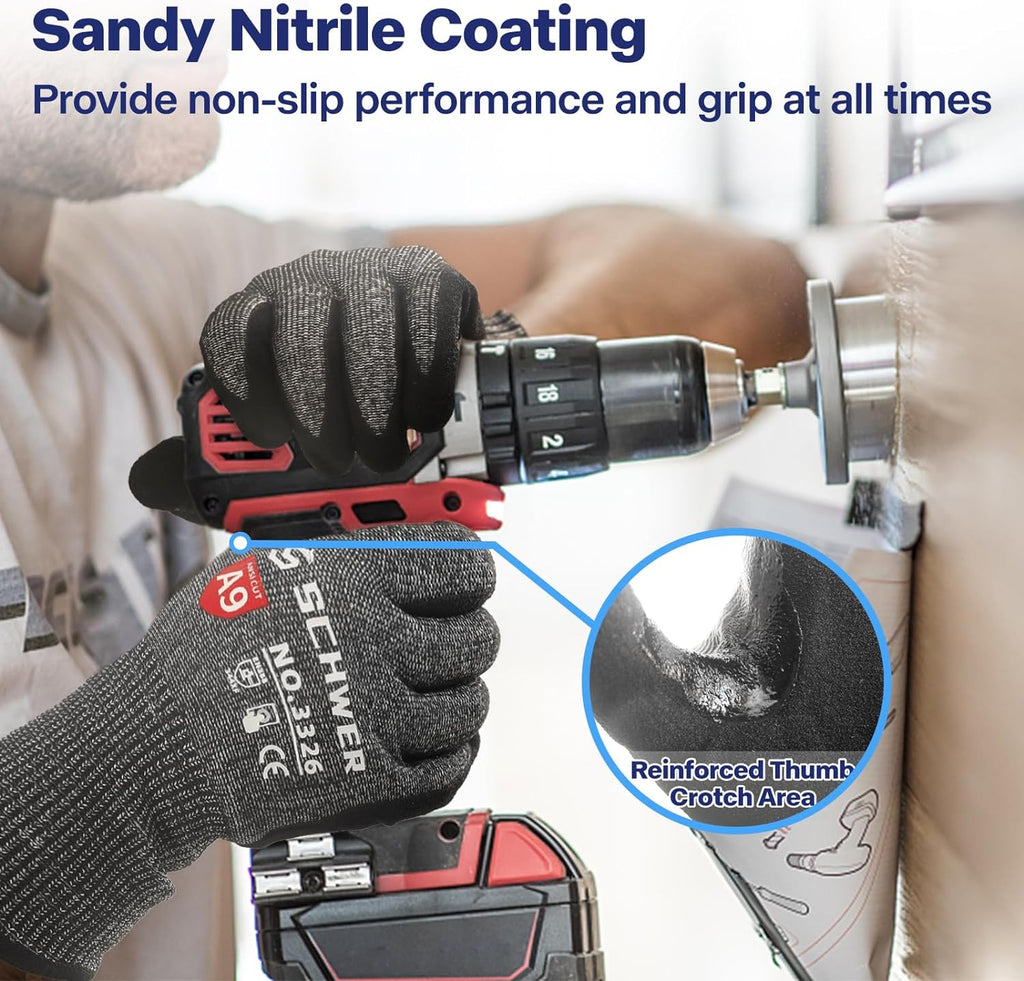 Schwer ProGuard Highest Level Cut Resistant Work Gloves PR3326 for Extreme Protection, ANSI A9 Cut Gloves with Reinforced Thumb, Non Slip, Cooling, Durable, Touch-screen, Non PFAS, Black 2 Pairs（S）