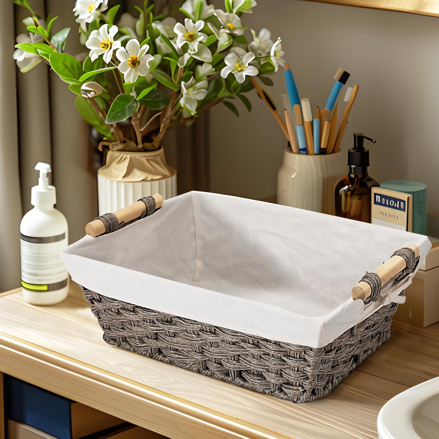 Baskets-Wicker Storage Baskets-Waterproof Wicker with Handles Hand-Woven Blue Handle Food Storage Pantry Woven Storage Boxes, 2 Pack, Home Storage Boxes