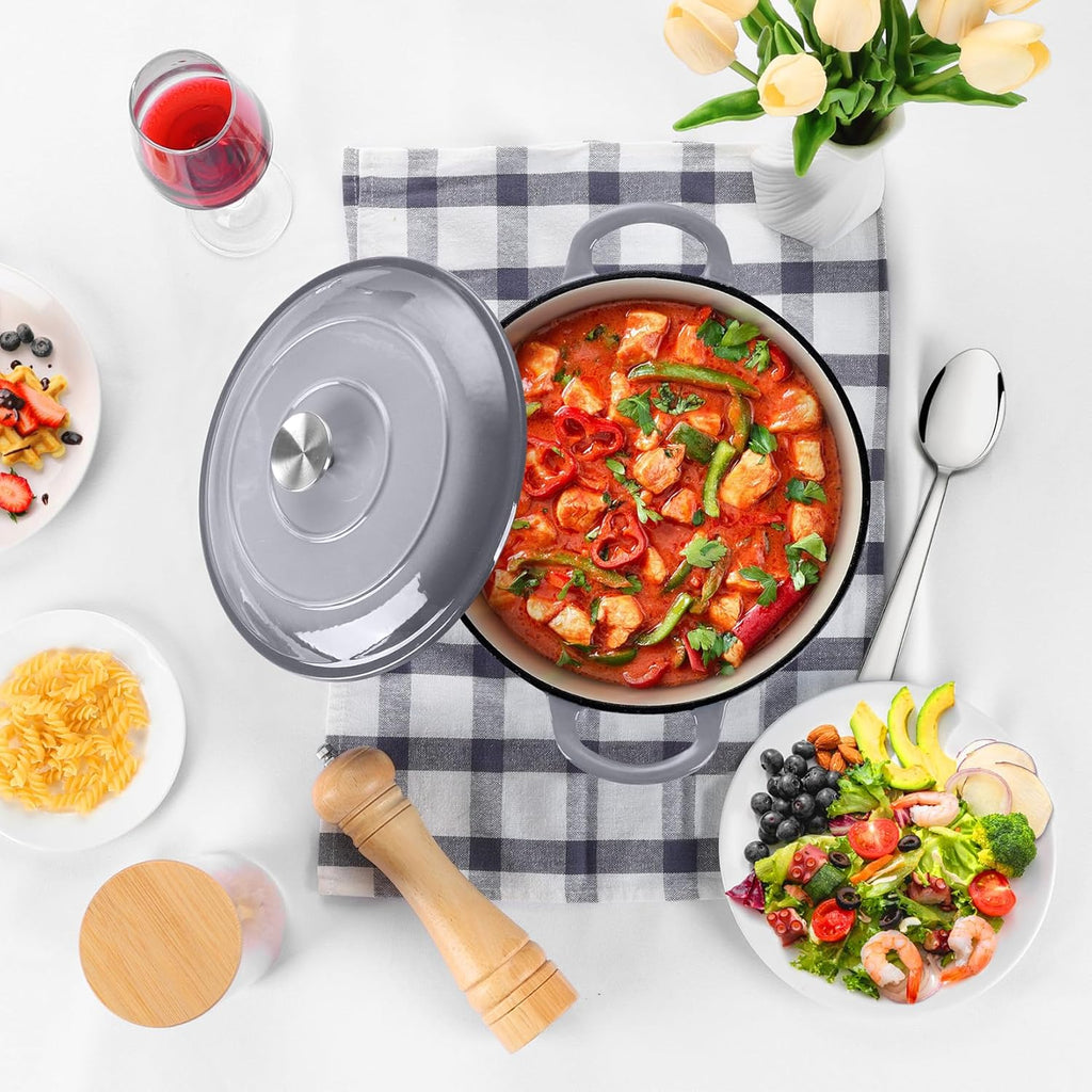 P&P CHEF 5QT Enameled Dutch Oven, Cast Iron Dutch Oven Pot with Lid for Bread Baking, Enameled Casserole Pot for Roasting Braising Stewing Frying Simmering, Various Stoves & Easy Clean, Grey