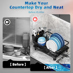 Dish Drying Rack, Stainless Steel Space-Saving Dish Rack, Dish Racks for Kitchen Counter, Kitchen Dish Drainers with Removable Utensil Holder,New Drain Outlet,Plate Rack and Drainboard, Black