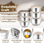 TeamFar Mixing Bowls, Stainless Steel Nesting Salad Bowl with Lids & 3 Graters, For Kitchen Cooking Serving Prepping, Airtight & Non-Slip, Size 4.6/3.5/2/1.5/1/0.7 QT, Set of 5 & Khaki
