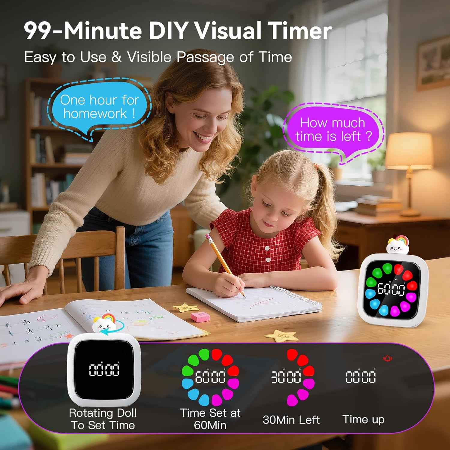 Yunbaoit Digital Visual Timer for Kids, Rechargeable 99-Minute Silent Countdown Timer with 19 Ringtones, 9 Optional DIY Color Petal Display, Time Management Tool with Pause Function (3 Dolls)