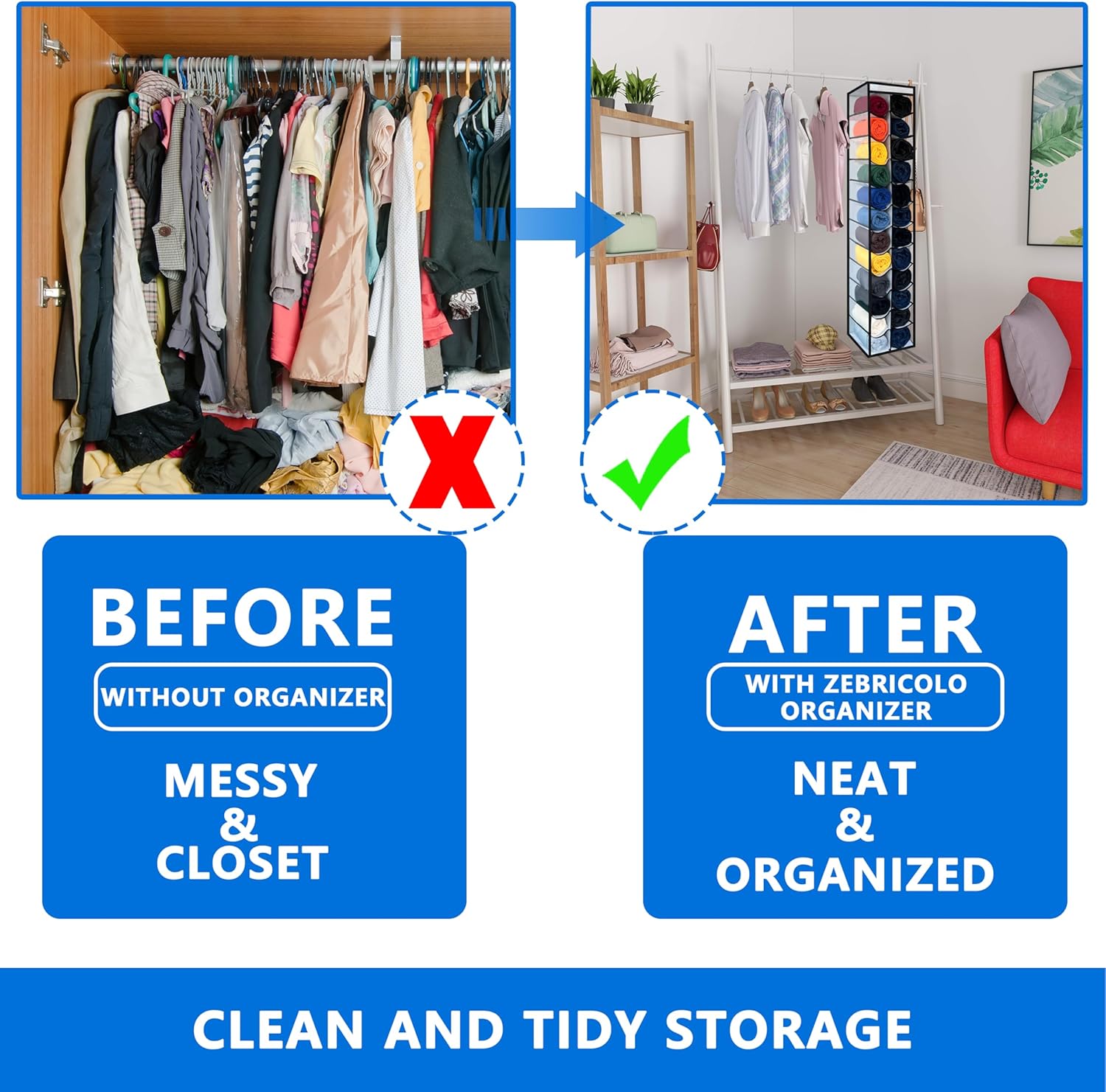 Closet Organization, 24 Section Hanging Closet Organizer, Space Saving, College Dorm Essentials, Heavy Duty Hooks Up to 45 Pounds, White/Black