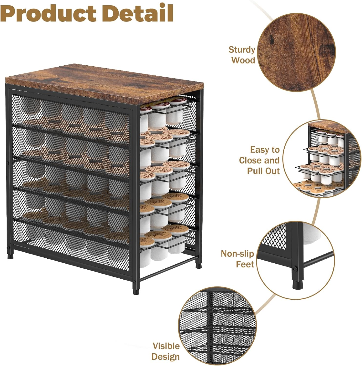 NANANARDOSO Coffee Pod Holder for Counter, 5 Tier Coffee Pod Drawer for Keurig Pod Storage Drawer Holder, 90 Capacity Pods Storage Organizer Cups Capsule with Sliding Baskets for Coffee Station