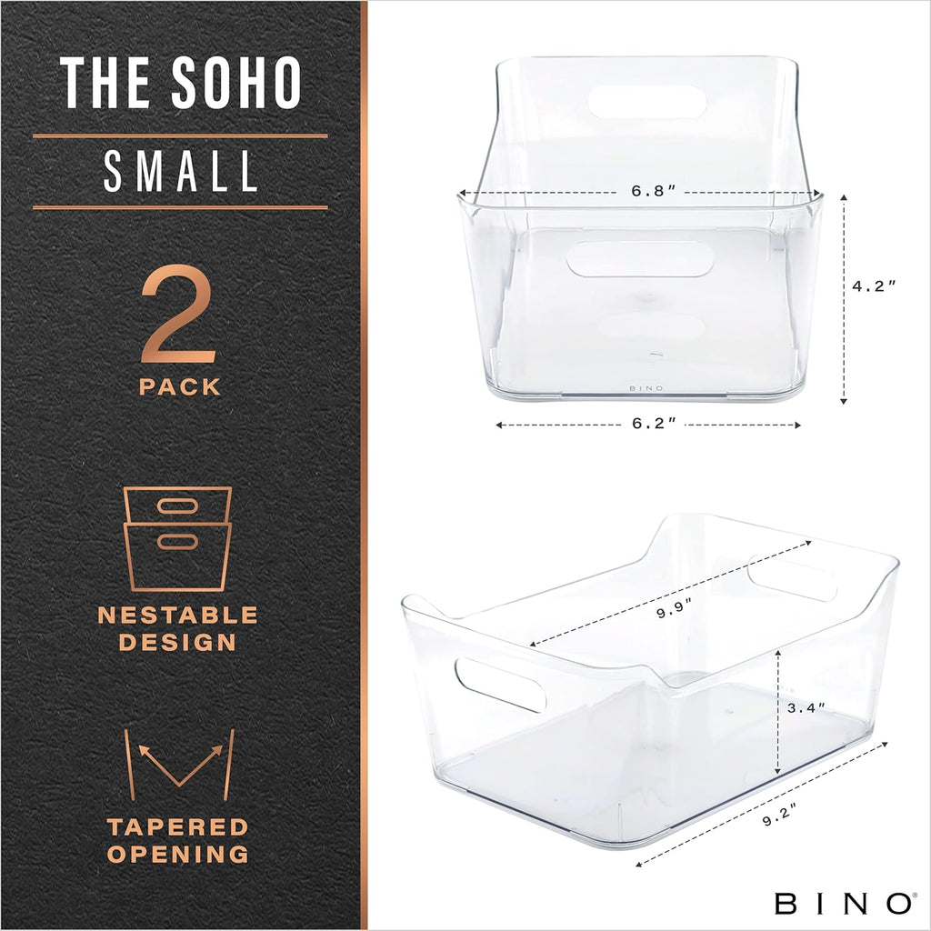 BINO | Plastic Storage Bins, Small - 2 Pack, Clear | THE SOHO COLLECTION | Pantry Organizers and Storage Containers Fridge Organizer Bins Kitchen Cabinet Organizer Medicine Cabinet Bin