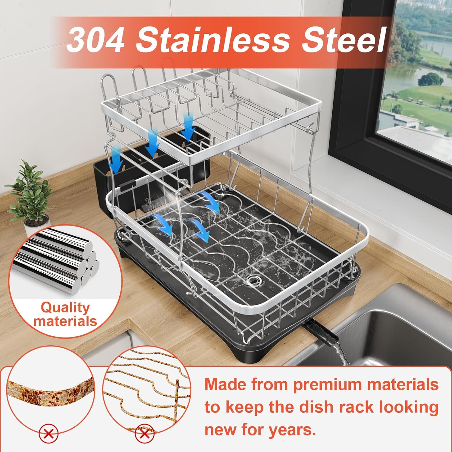 2-Tier Dish Drying Rack for Kitchen Counter, 304 Stainless Steel with Adjustable Drainboard, Removable Utensil Holder & Water Filter Tray, Black