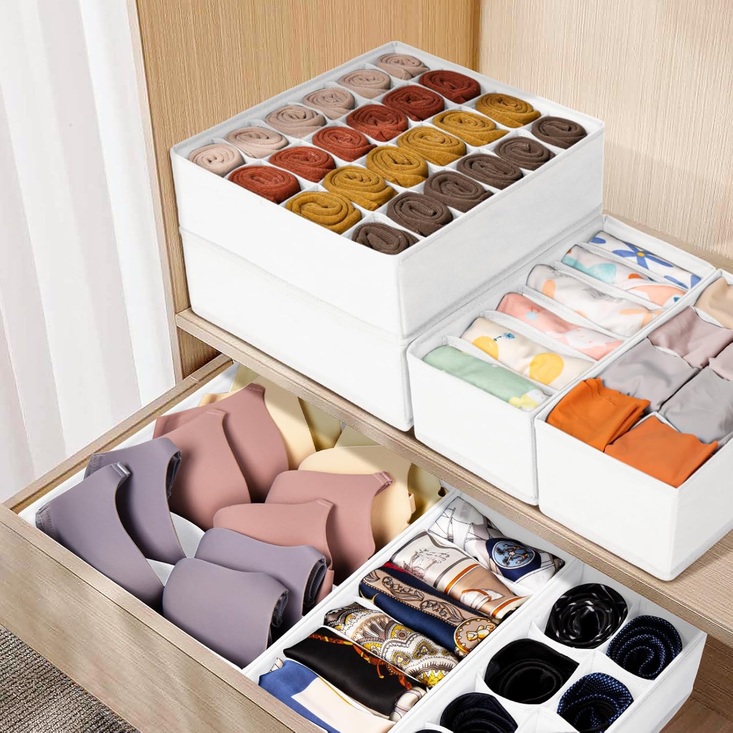 Drawer Organizer Clothes, 16 Pack Dresser Organizer Bins for Baby Clothes, Underwear Sock, Fabric Closet Organization and Storage Dividers for Nursery Bedroom (96 Compartments, White)