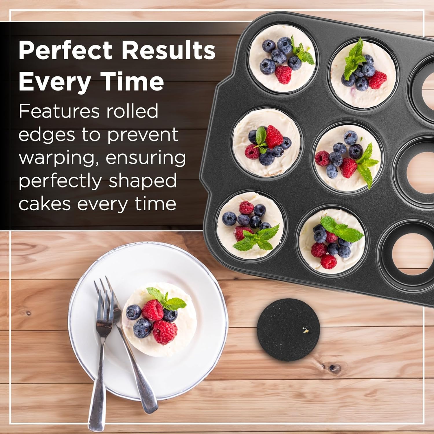 Wrenbury Pro Mini Cheesecake Pans Removable Bottom 12 Hole - Heavy Gauge Carbon Steel Muffin Cupcake Pan Loose Bottom Springform for Baking - 3 Inch Individual Cheesecakes Tin - PFOA Free