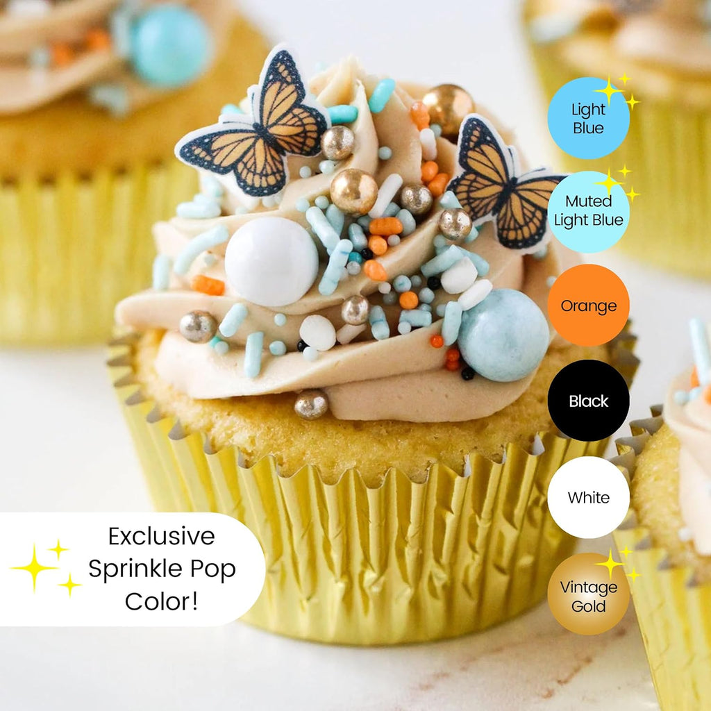 Sprinkle Pop Monarch Butterfly Sprinkle Mix| Blue Orange Sprinkles with ~20 Butterfly Wafer Paper and Gold Dragees| Decorating Sprinkles Made In USA for Mother’s Day Cupcakes Cakes Cookies Donuts, 4oz