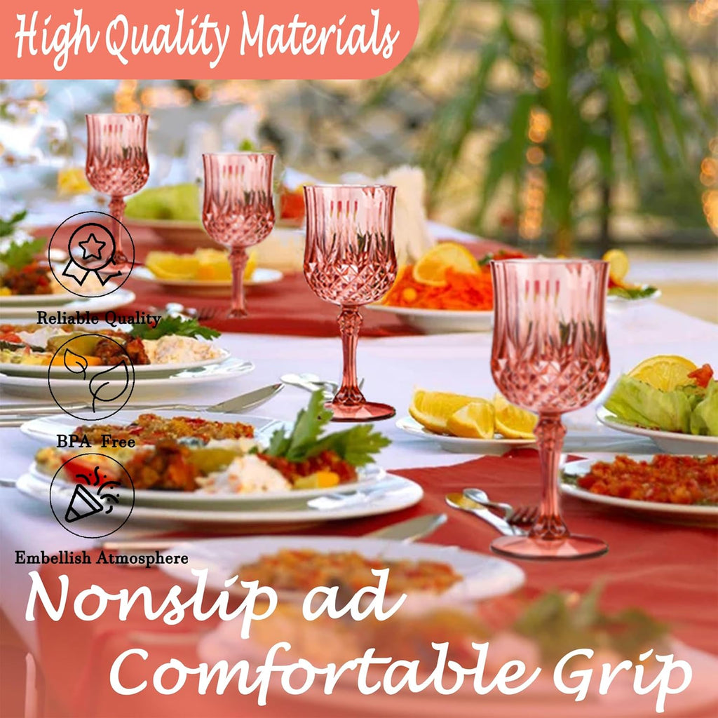 Plastic Wine Glasses，Plastic Goblets Vintage Style Cordial Drinking Glasses for Wedding Reception, Grand Event Party Supplies (48, Rose Gold)