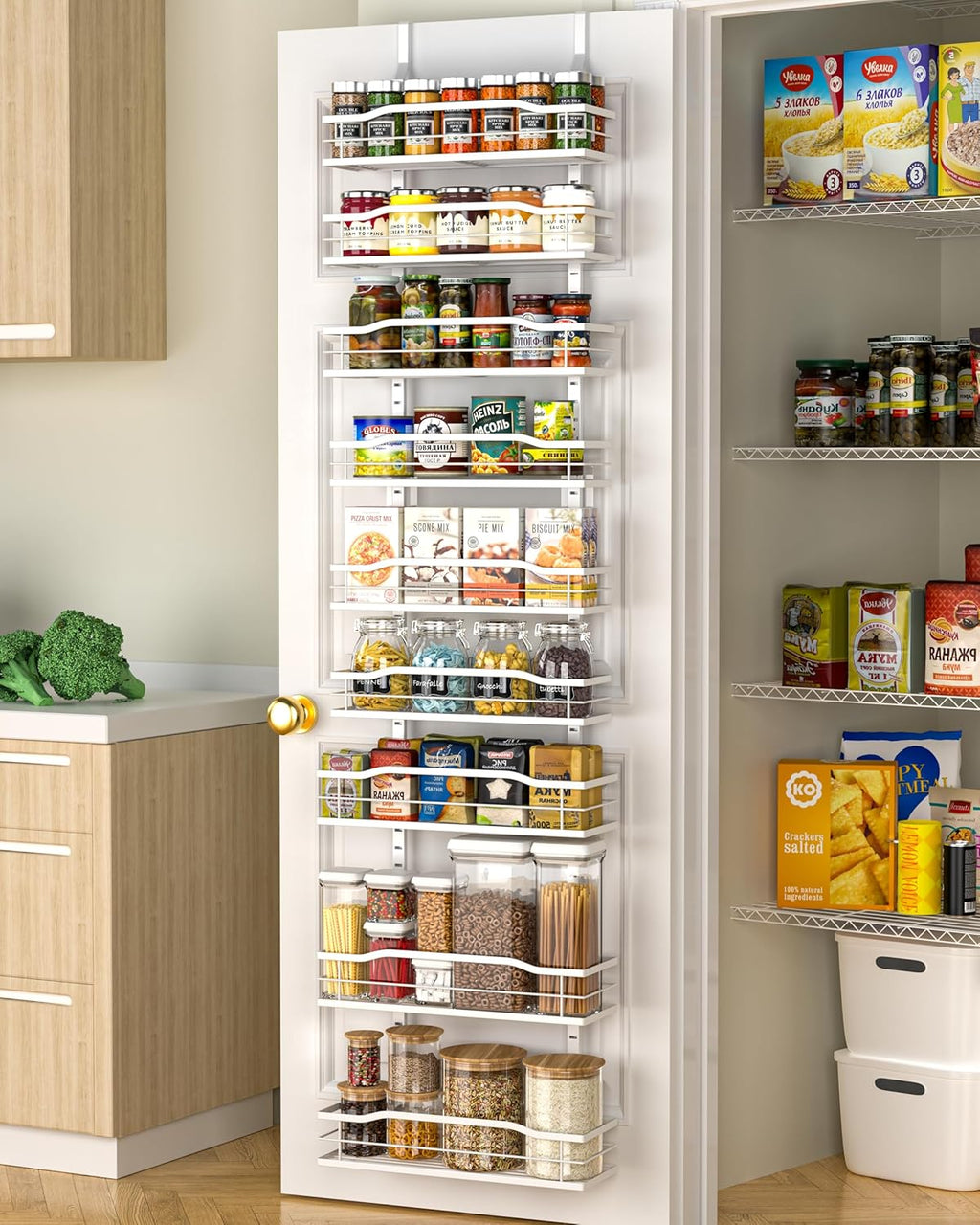 Moforoco White Narrow 9-Tier Over The Door Pantry Organizer, Pantry Organization and Storage, Metal Hanging Basket Wall Spice Rack Seasoning Shelves, 12.2"