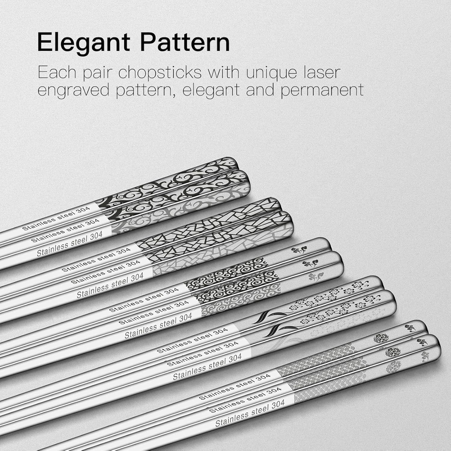 Metal Chopsticks Reusable 5 Pairs: Stainless Chopstick Set Dishwasher Safe,Non-Slip,Gift Box Packaging,Laser Engraved,Japanese Chinese Korean Chop Sticks for Cooking Eating - 5 Patterns