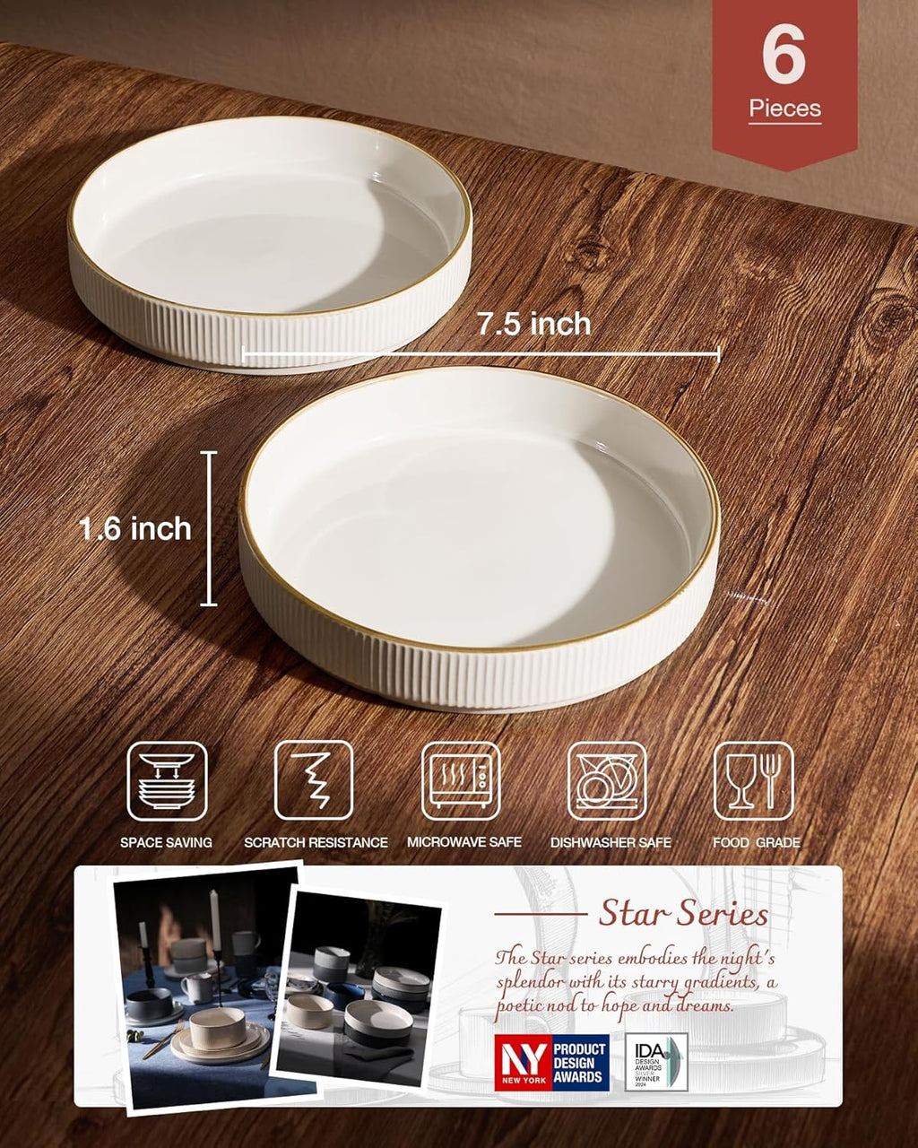 famiware Star 7.5" Pasta Bowls Set, Salad Bowl Set of 6, Double Reactive Glaze, Stackable, Perfect for Your Friend for Housewarming, Thanksgiving, Christmas, White