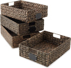 Casafield Set of 4 Water Hyacinth Pantry Baskets, 12-1/2" x 17" x 5", with Chalkboard Labels and Chalk Marker - Espresso, Woven Storage Bin Organizers for Kitchen Shelves