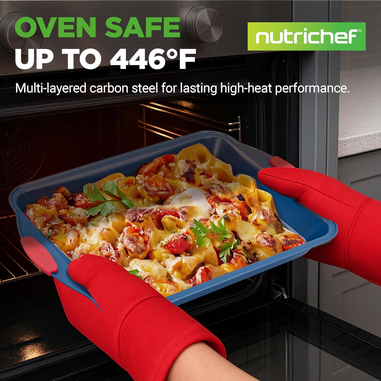 NutriChef 8-Piece Nonstick Baking Pan Set - Premium Carbon Steel Bakeware w/ Silicone Handles - Includes Pizza Tray, Loaf Pan, 12-Cup Muffin Pan, Round/Square Pans, & Cookie Sheet - Blue