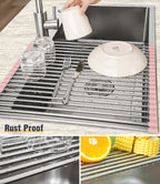 Tomorotec 21" x 15.5" Roll Up Dish Drying Rack Over Sink Drying Rack Sink Cover Kitchen Sink Accessories Gadget Multipurpose Organizer Foldable Stainless Steel Drainer