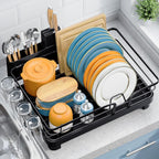 Dish Drying Rack for Kitchen Counter, Multifunctional Dish Drainer Rack, Kitchen Dish Rack, Sink Dishes Strainer, Plate Rack with Drain Board, Cup Holder, and Cutlery Holder,Medium Size Black