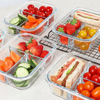 KOMUEE Glass Meal Prep Containers 3 Compartments, 5 Pack 36 oz, Glass Food Storage Containers with Lids, Airtight Lunch Bento Box, Portion Control, Freezer and Microwave Safe, Green