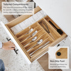 KitchenEdge Silverware Organizer - Cutlery, Flatware, and Utensil Holder for Kitchen Drawers, Fixed 10.5” Width, 7 Storage Compartments, Non-Slip Feet, Rounded Corners, 100% Bamboo