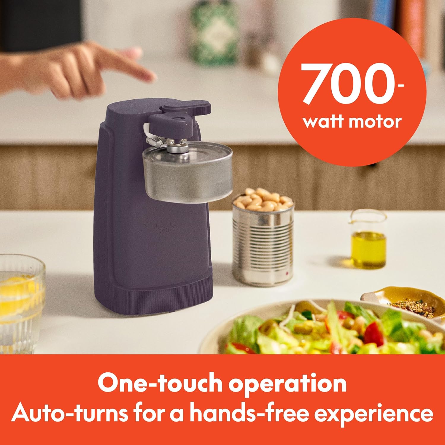 bella Electric Can Opener and Knife Sharpener, Multifunctional Jar and Bottle Opener with Removable Cutting Lever and Cord Storage, Stainless Steel Blade, Plum