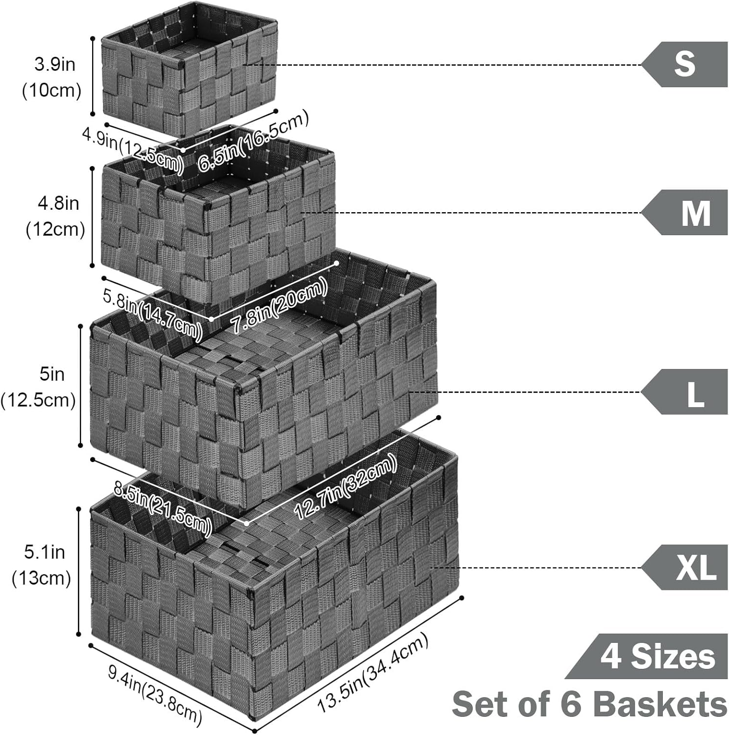 Woven Storage Baskets, Storage Bins, Cube Basket Container Baskets Storage Boxes Organizers for Clothes /Shelves/ Closet, Set of 6 (Grey)