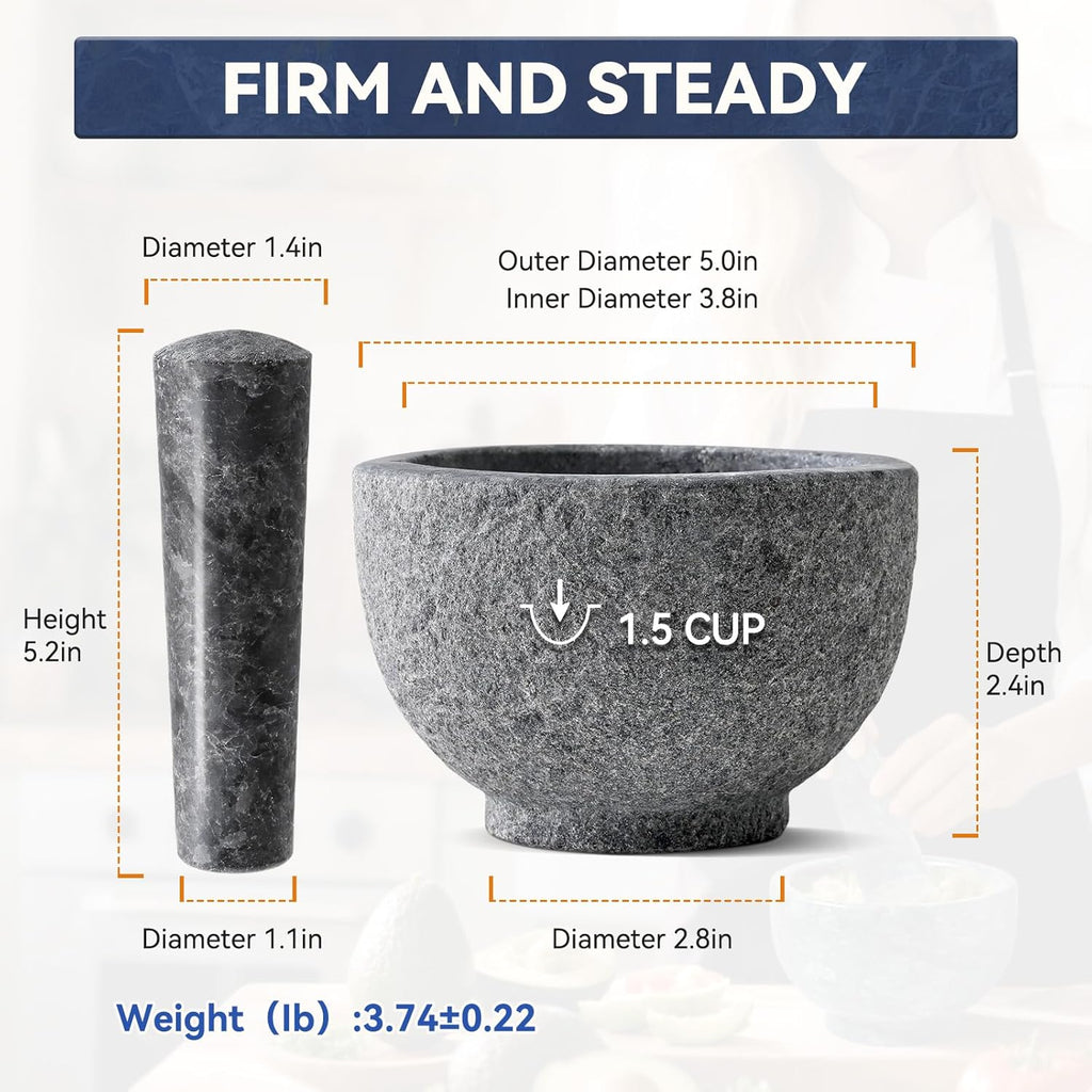 Koville African Natural Granite Mortar and Pestle Set, Grinder Bowl for Guacamole, Salsa, Pill Crusher, Spice, Herb, Garlic, Nut, Heavy Duty Grinder for Kitchen (Sandblasted Finish)