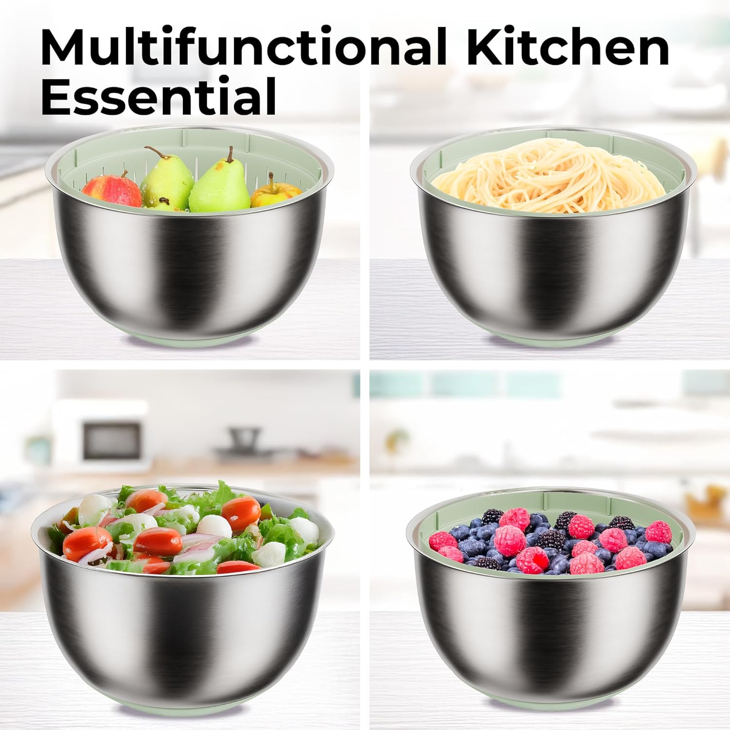 Stainless Steel Salad Spinner Large - Fruit and Vegetable Wash Bowl with Strainer - Lettuce Spinner, Fruit Cleaner, Collapsible Salad Dryer 5.3 Quart Capacity