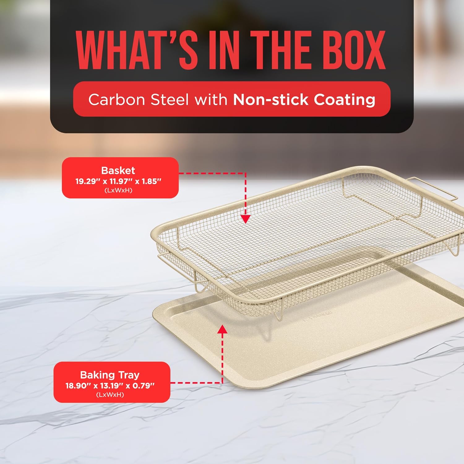Bakken-Swiss Crisper Tray White marble Coating - 2-Piece Set, Non-Stick Basket Design for Healthier Cooking in Regular Ovens - Make Great Crispy Food, Bacon and More, Extra Large Size 19" x 13"