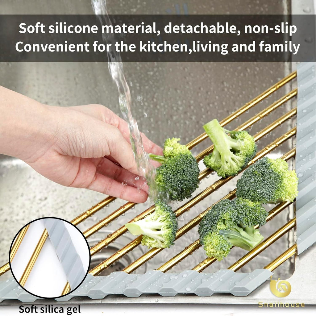 Snailhouse Small Triangle Roll Up Dish Drying Rack, Stainless Steel Kitchen Foldable Sink Caddy Organizer Sponge Holder for Sink Corner, Gold