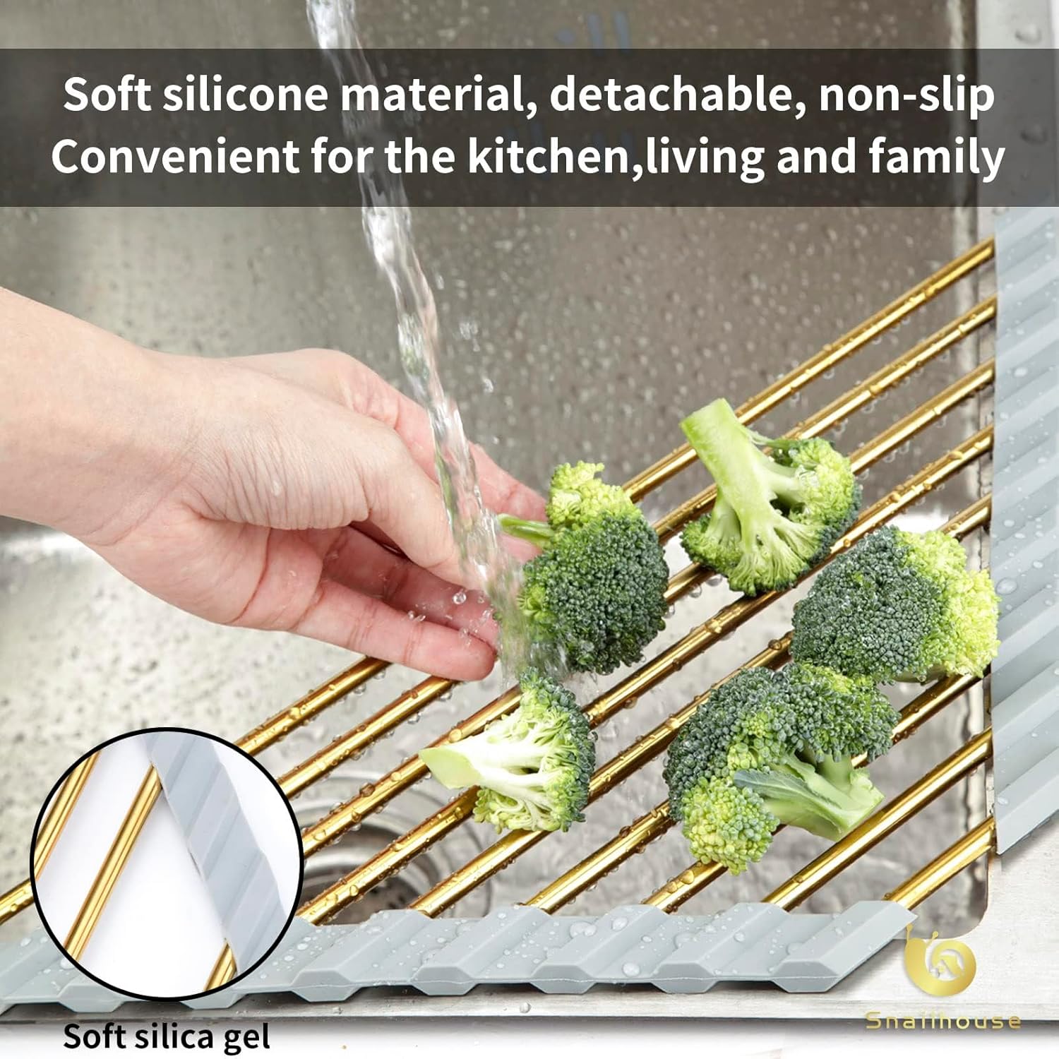 Snailhouse Small Triangle Roll Up Dish Drying Rack, Stainless Steel Kitchen Foldable Sink Caddy Organizer Sponge Holder for Sink Corner, Gold