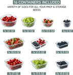 COOK WITH COLOR Premium 32-Pc. Borosilicate Glass Food Container Set with Dividers - 4 Rectangles, 8 Rounds, 4 Squares - Leakproof Lids - Meal Prep, Storage, Fluted Ombre Green