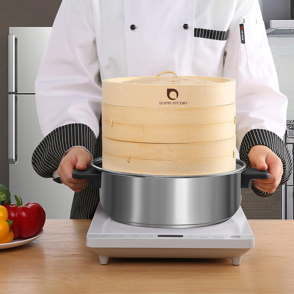 Bamboo Steamer - 2-Tier 10 Inch for Cooking Dim Sum, Momo, Rice - Chinese Basket for Bao Bun, Dumplings - Japanese Steaming