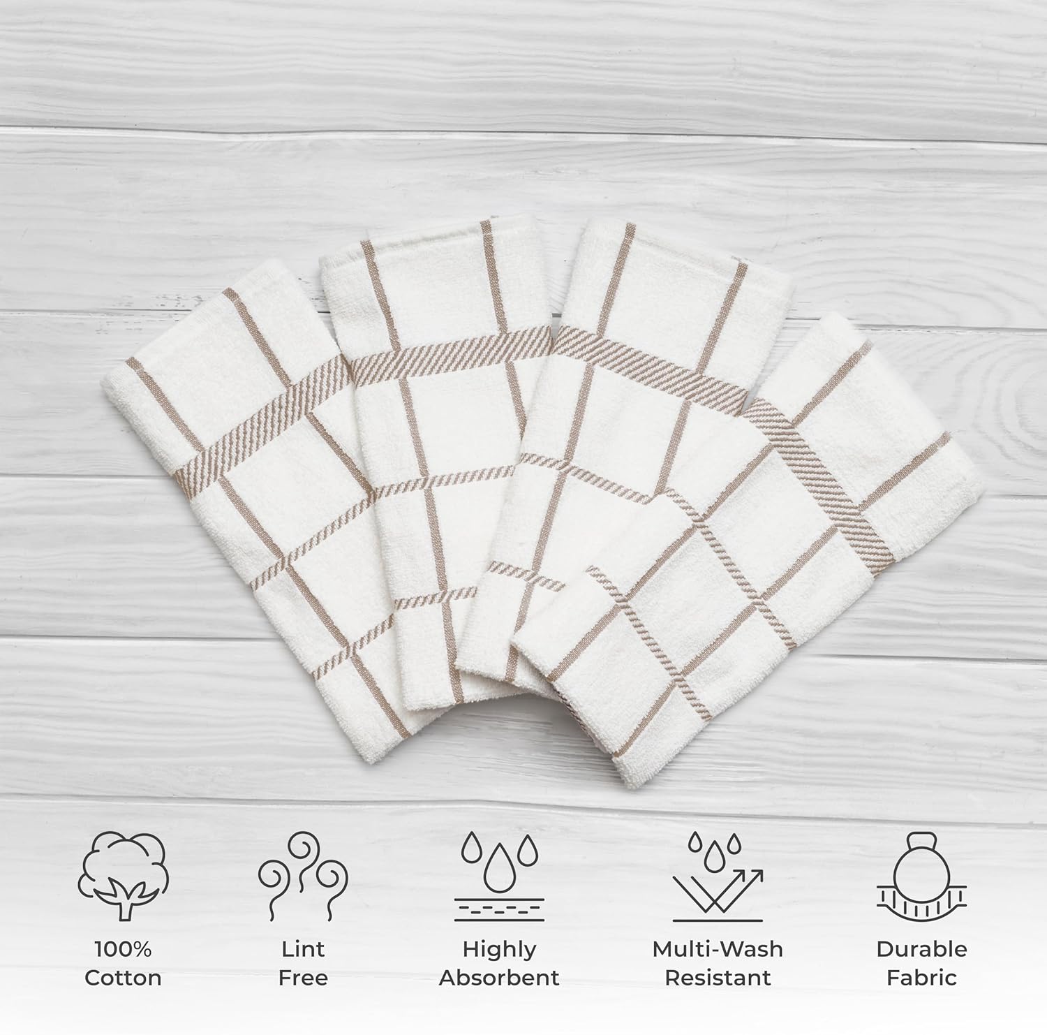 100% Cotton Terry Dish Towels, 4 Pack Checks, 16 x26 Inches, Super Soft and Absorbent Kitchen Towels, Perfect for Kitchen Cleaning and Dish Washing | Tan